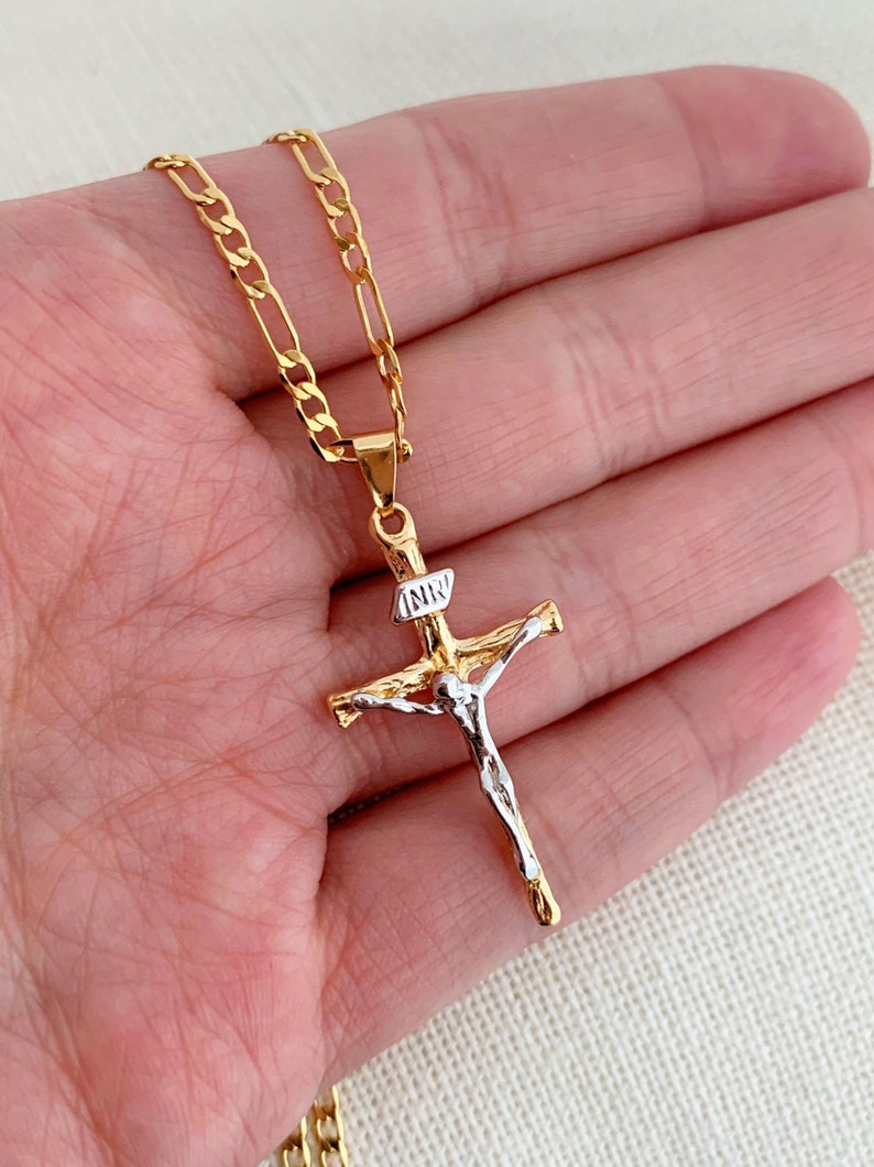 Cross Necklace Figaro Chain Gold Filled Necklace Necklace Etsy