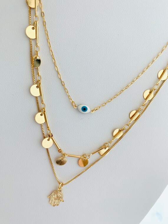 Gold Filled Layered Necklace Hamsa Necklace Lucky Eye Necklace