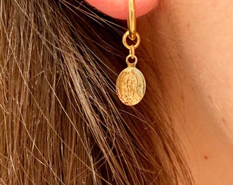 Dangle Earrings, Gold Hoop Earrings, Mini Hoop Earrings, Small Hoop Earrings, Gold Tiny Hoop, Gold Filled Hoops, Religious Jewelry,Guadalupe