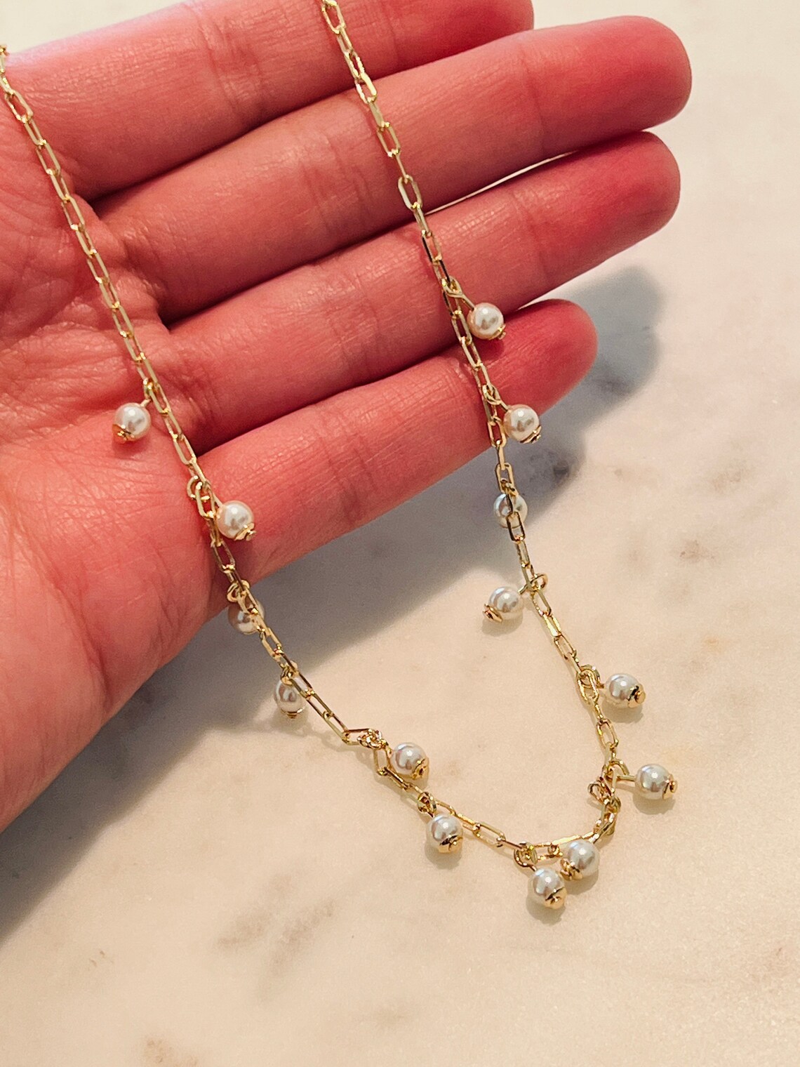 Gold Filled Pearl Necklace Pearl Chain Necklace Delicate Etsy