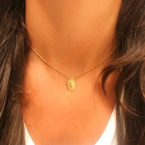 Dainty Virgin Mary Necklace Gold Religious Necklace Etsy