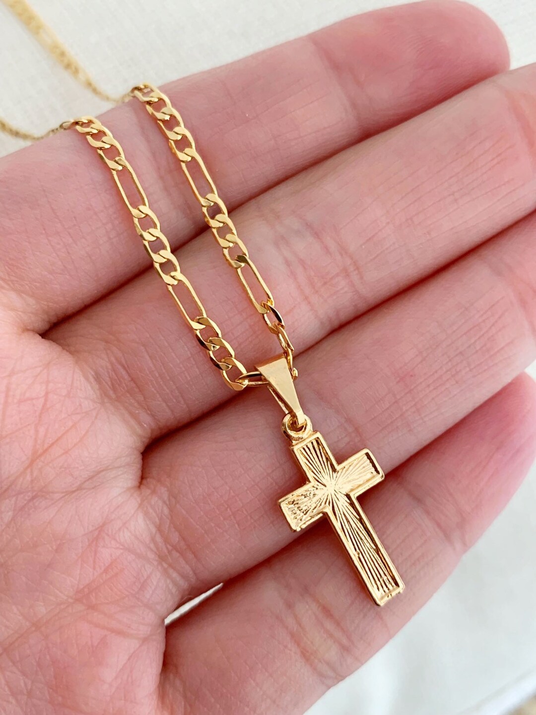 Cross Necklace, Figaro Chain, Gold Filled Necklace, Necklace With Cross