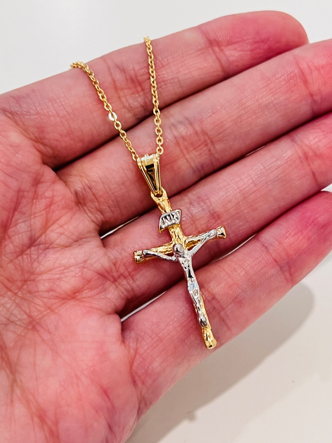 Cross Necklace,two Tone Cross Pendant With Gold Filled Chain ,gold