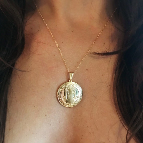 St Benedict Necklace Gold Filled Necklace Circle Coin Necklace