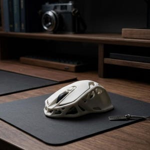 May include: A white computer mouse with a complex, open-lattice exoskeleton design. The mouse features a black scroll wheel and a small, rectangular grey tag attached by a thin cord. The device is positioned on a dark, rectangular surface.