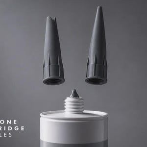 Peut inclure: Deux embouts de cartouche en silicone gris foncé de forme conique sont suspendus au-dessus d'un embout fileté blanc. Le texte SILICONE CARTRIDGE NOZZLES est imprimé en blanc sur la gauche. Les embouts ont une base nervurée et une pointe.