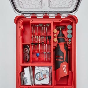 Kit de herramientas rotativas Milwaukee M12 con accesorios Dremel: juego de amoladoras, estuche organizador de herramientas personalizado, integración opcional con Milwaukee Packout.