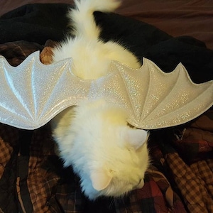 May include: A white cat wearing sparkly silver bat wings. The cat is lying on a brown and white plaid blanket.
