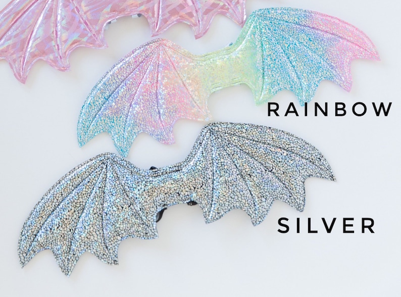 May include: Three pairs of iridescent wings, one pink, one rainbow, and one silver. The wings are made of a sparkly material and have a dragon-like shape.