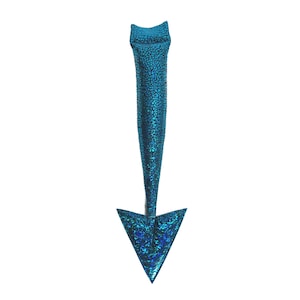 May include: A teal-colored, mermaid-style tail, with a textured, scale-like pattern. The tail is elongated, with a pointed fin at the bottom. The top of the tail has a curved shape. The tail is made of a shiny material.