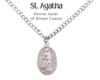 St. Agatha Medal Necklace Patron Saint of BREAST CANCER Catholic Jewelry Christian Jewelry Saint Medals Religious Gift Silver Tone