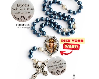 Custom Saint Rosary | Confirmation Rosary | Navy Blue Pearl Beads, Engraved Charm