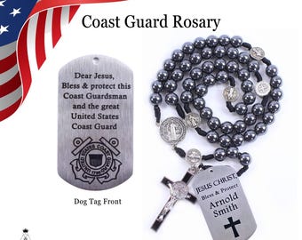 Coast Guard Rosary | Military Rosary | Hematite Stone Rosary | Custom Laser Engraved | Military Gift | Military Gift | Deployment Gift