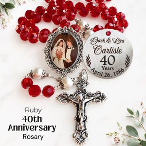 40th Anniversary Rosary, Photo Rosary, 40th Anniversary Custom Gift, 40th Anniversary Picture Rosary, Ruby Red Glass Crystal, Catholic Gift