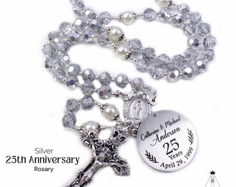 Personalized 25th Wedding Anniversary Rosary | Silver Rosary | Crystal Rosary | 25 years gift | Anniversary Gift | Engraved Rosary Gift