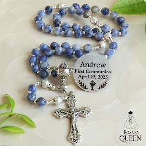 First Communion Blue Gemstone Rosary, Personalized First Communion Gift, Engraved Disc, Name Rosary, Boy Rosary, Baptism, Confirmation