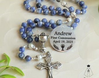 First Communion Blue Gemstone Rosary, Personalized First Communion Gift, Engraved Disc, Name Rosary, Boy Rosary, Baptism, Confirmation