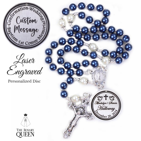 Custom Rosary | Personalized Engraved Rosary | Navy Blue Rosary | Name Rosary | Wedding | First Communion | Confirmation | Laser Engraved