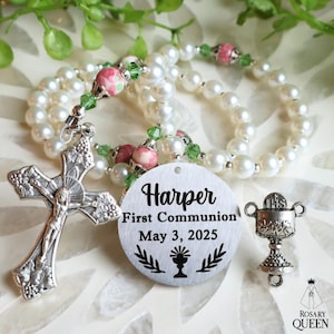 Personalized Rosary  Girl | Engraved Custom | White Pearls | Pink & Green Beads| First Communion | Baptism | Confirmation | Baby Rosary Gift