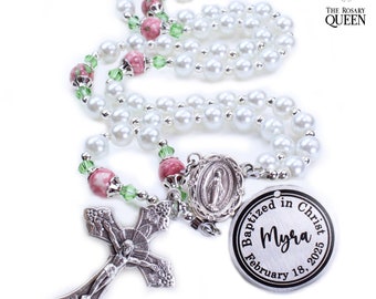 Personalized Rosary Girl | Baptism First Communion | Engraved Custom | White Pearls | Pink & Green Beads | Confirmation | Baby Rosary Gift