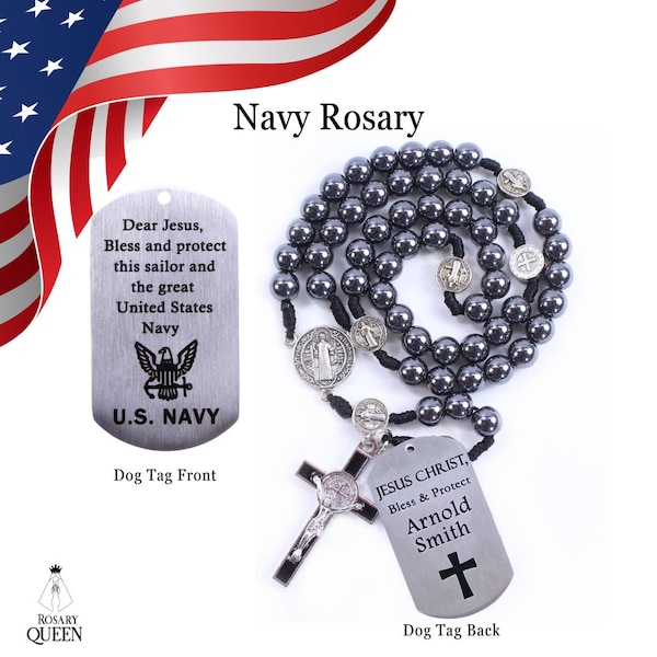 Rosario de la Marina / Rosario Militar / Rosario de Piedra de Hematita / Grabado Láser Personalizado / Regalo Militar / Regalo de la Marina / Marina de los EE. UU. / Regalo de Despliegue