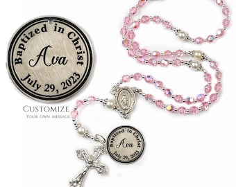 PERSONALIZED Baptism Rosary  Girl | Engraved Custom | Rose Austrian Crystal | Handmade | First Communion | Confirmation | Baby Rosary Gift