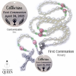 Personalized First Communion Rosary Beads, White Pink Green, Baptism Gift, First Communion Gift, Confirmation, Wedding, Baby, Little Girl