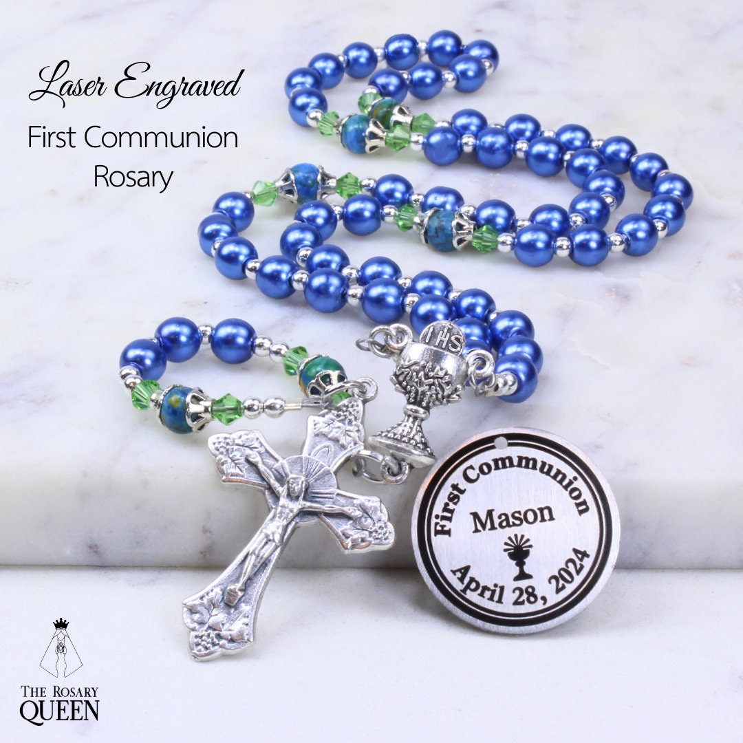 First Communion Rosary Custom Engraved Rosary Personalized Boy Rosary Blue Pearl Rosary Name