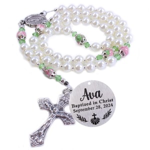 Personalized Baptism Rosary  Girl | Engraved Custom | White Pearls | Pink & Green Beads| First Communion | Confirmation | Baby Rosary Gift