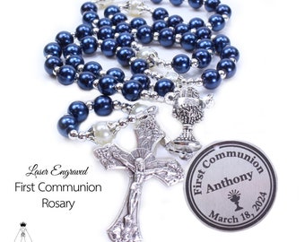 First Communion Rosary | Personalized Engraved Custom Rosary | Navy Blue Pearl Rosary |Boys First Communion | Baptism Gift | Confirmation