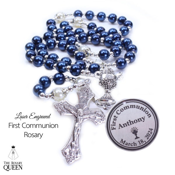 First Communion Rosary | Personalized Engraved Custom Rosary | Navy Blue Pearl Rosary |Boys First Communion | Baptism Gift | Confirmation