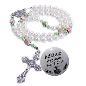 Personalized Baptism Rosary | Engraved Custom | White Pearls | Pink & Green Beads| Girl Gift | First Communion | Confirmation | Baby Gift