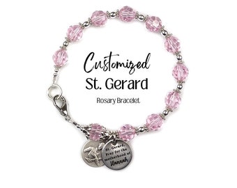CUSTOMIZED St. Gerard Rosary Bracelet ENGRAVED Patron of Expectant Mothers Pink Crystals Pregnancy Motherhood Sacrament Gifts RCIA