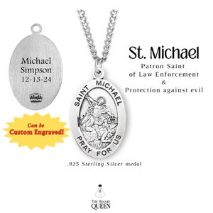 STERLING SILVER St Michael Medal Oval Necklace Patron Saint of Police Officers Law Enforcement & Protection from Evil Religious Gifts