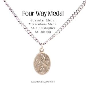 Catholic Four Way Medal Necklace Catholic Jewelry Saint Medals Religious Gift Silver Tone Christopher Joseph Scapular Miraculous Medal