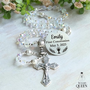 Personalized First Communion Rosary | Crystal Beads, Engraved Disc