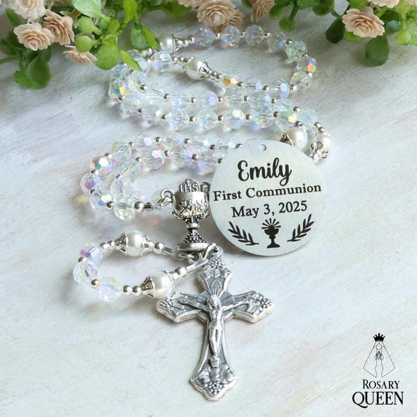 Personalized First Communion Rosary | Crystal Beads, Engraved Disc
