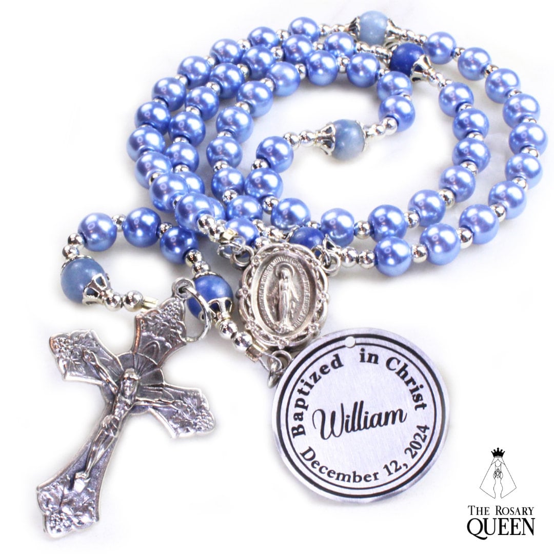 Personalized Rosary Light Blue Rosary Pearl & Gemstone Rosary First
