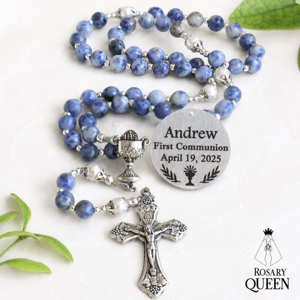 First Communion Blue Gemstone Rosary, Personalized First Communion Gift, Engraved Disc, Name Rosary,Baptism, Confirmation