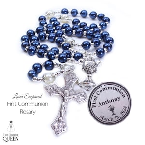 PERSONALIZED Rosary | Navy Blue Rosary | Pearl Rosary |Boys First Communion | Baptism | Confirmation | Wedding | Birthday |Father's Day Gift