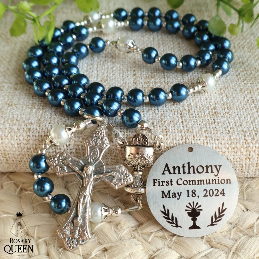 First Communion Rosary | Personalized Custom Rosary | Navy Blue Rosary ...