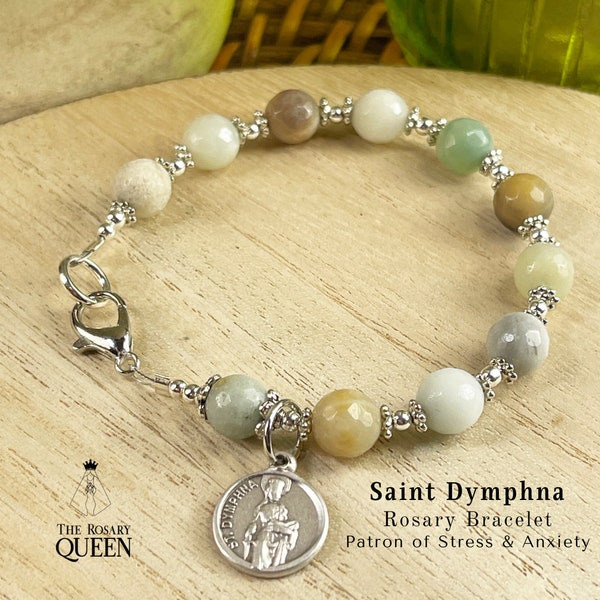 St. Dymphna Rosary Bracelet | Patron of Stress Anxiety Emotional Turmoil | One Decade | Green Teal Gemstones | Catholic Gift | Confirmation