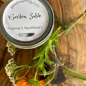 May include: A metal jar with a white label that reads "Garden Salve" from "Ademar's Apothecary." The jar is surrounded by green leaves and an orange flower, all resting on a wooden surface. The website gaiadreaming.com is printed on the label.