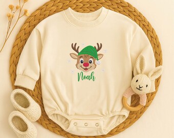 Reindeer Embroidered Romper – Personalized Christmas Baby Outfit