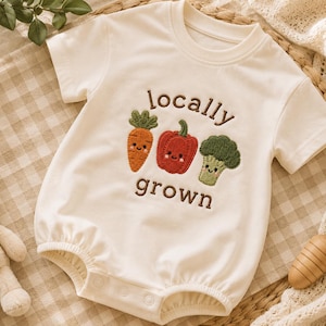 Locally Grown Baby Romper, Veggie Embroidered Baby Outfit, Cute Vegetable Baby Bodysuit, Farm Baby Clothes, Newborn Outfit, Baby Shower Gift