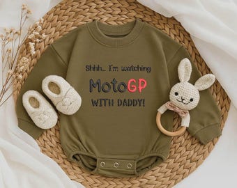 Shhh I’m Watching MotoGP with Daddy Embroidered Romper – Funny Racing Baby Outfit, MotoGP Baby Bodysuit, Gift for Motorcycle Dad