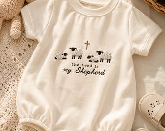 The Lord Is My Shepherd Embroidered Romper, Christian Baby Outfit, Sheep Newborn Bodysuit, Baby Gift For Baptism