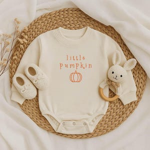 Pode incluir: Body de bebé creme com o texto bordado "little pumpkin" e um gráfico de abóbora. O conjunto é combinado com sapatos de bebé a condizer e uma chocalho de coelho branco com um anel de madeira. Os artigos estão dispostos sobre um tapete tecido.
