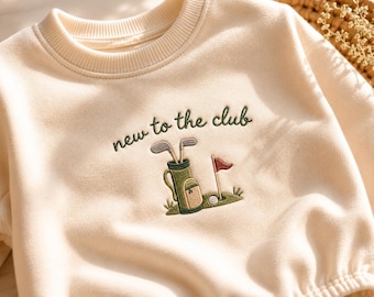 Broderad babysparkdräkt för ny i klubben, golfbabyoutfit, golfälskare-babybody, neutral outfit för nyfödd, babyshowerpresent