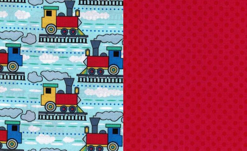 100/% Cotton Apparel Home Decor Craft Projects 12 or 1 Yard Each Trains on Blue and Small Dot Tone on Tone Red Fabric Bundle Quilting